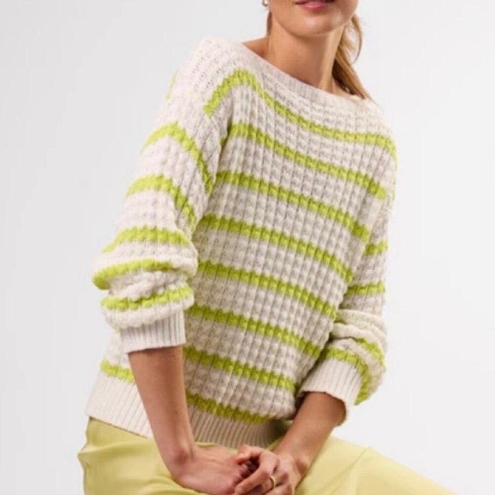 AMOUR VERT NEW Women's Lar  Stripe Novelty Sweater Ivory Lime Cotton Linen Gauze